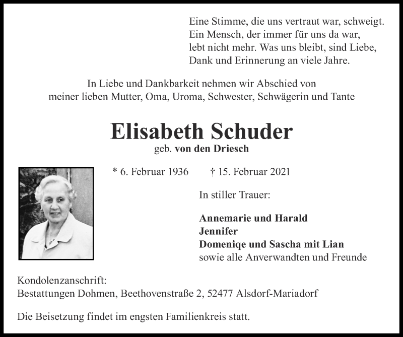  Traueranzeige für Elisabeth Schuder vom 21.02.2021 aus Zeitung am Sonntag