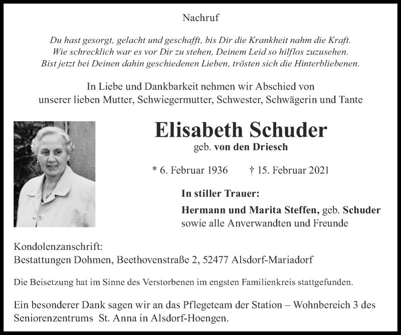  Traueranzeige für Elisabeth Schuder vom 28.02.2021 aus Zeitung am Sonntag
