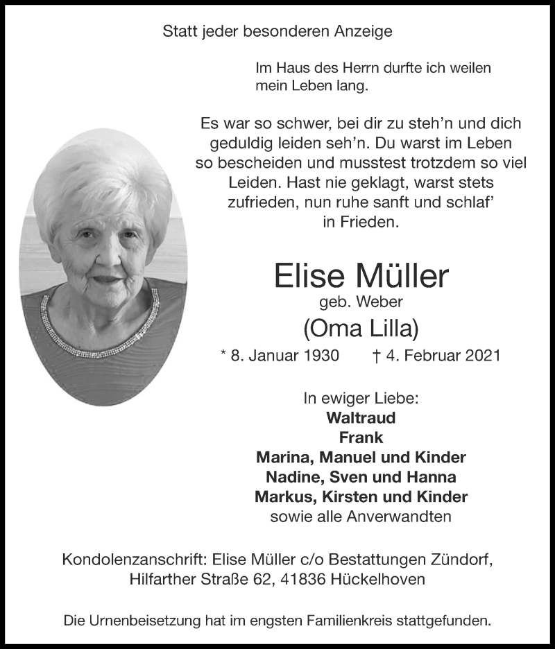  Traueranzeige für Elise Müller vom 21.02.2021 aus Zeitung am Sonntag