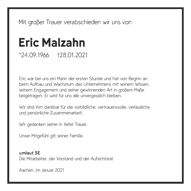  Traueranzeige für Eric Malzahn vom 06.02.2021 aus Aachener Zeitung / Aachener Nachrichten