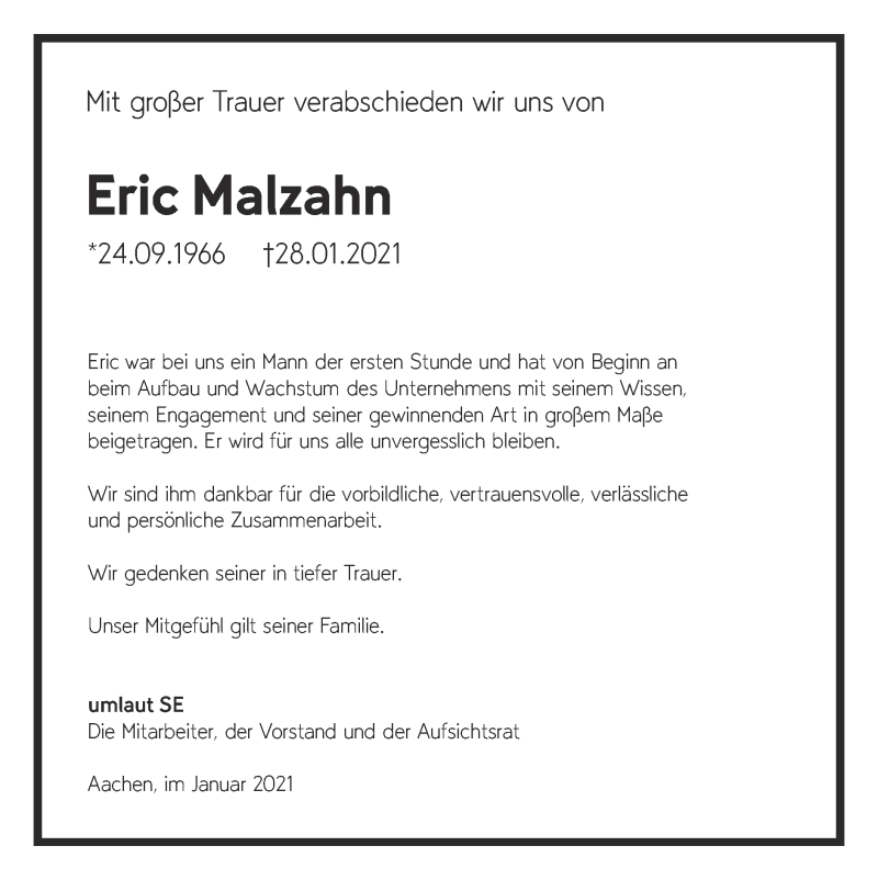  Traueranzeige für Eric Malzahn vom 07.02.2021 aus Zeitung am Sonntag