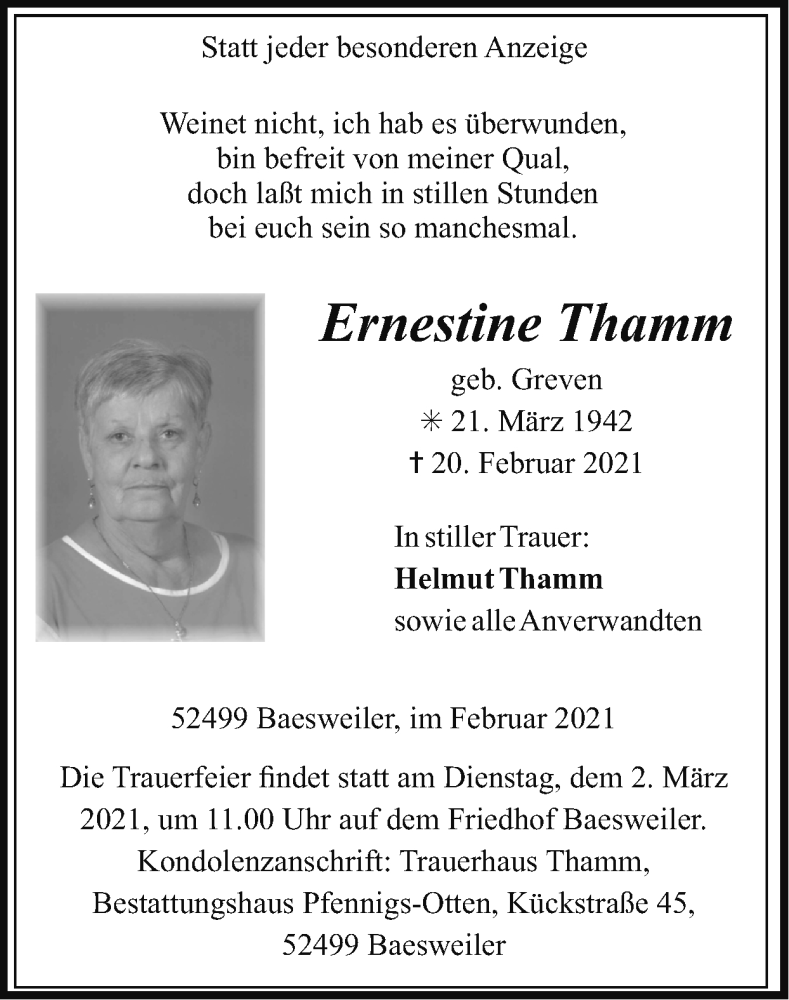  Traueranzeige für Ernestine Thamm vom 28.02.2021 aus Zeitung am Sonntag