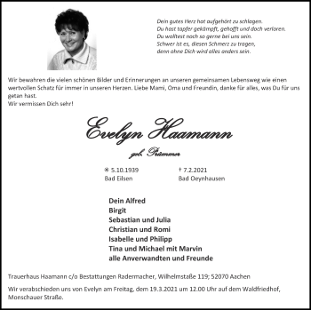 Traueranzeige von Evelyn Haamann von Zeitung am Sonntag
