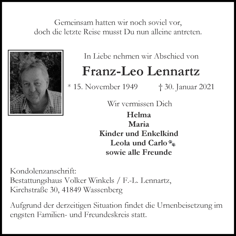 Traueranzeigen von FranzLeo Lennartz Aachen gedenkt