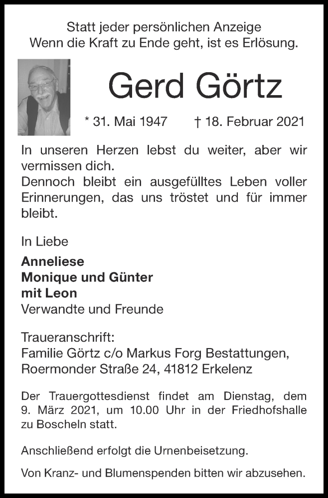  Traueranzeige für Gerd Görtz vom 28.02.2021 aus Zeitung am Sonntag