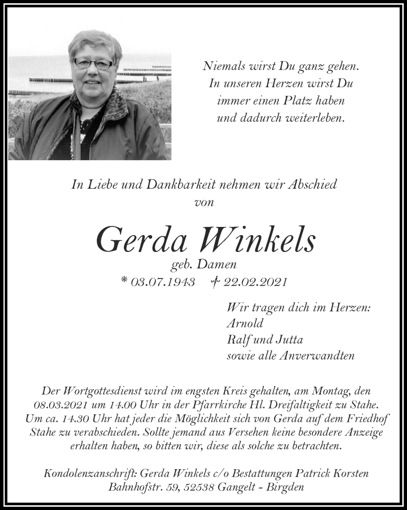  Traueranzeige für Gerda Winkels vom 28.02.2021 aus Zeitung am Sonntag