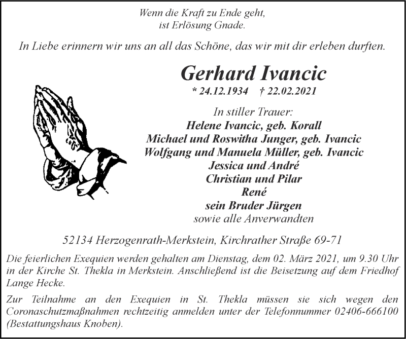  Traueranzeige für Gerhard Ivancic vom 28.02.2021 aus Zeitung am Sonntag