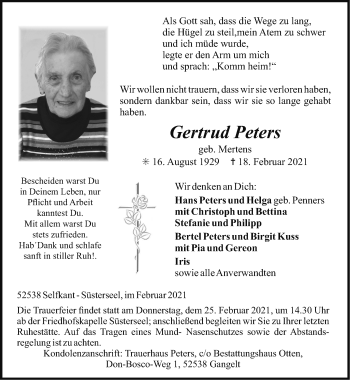Traueranzeige von Gertrud Peters von Zeitung am Sonntag