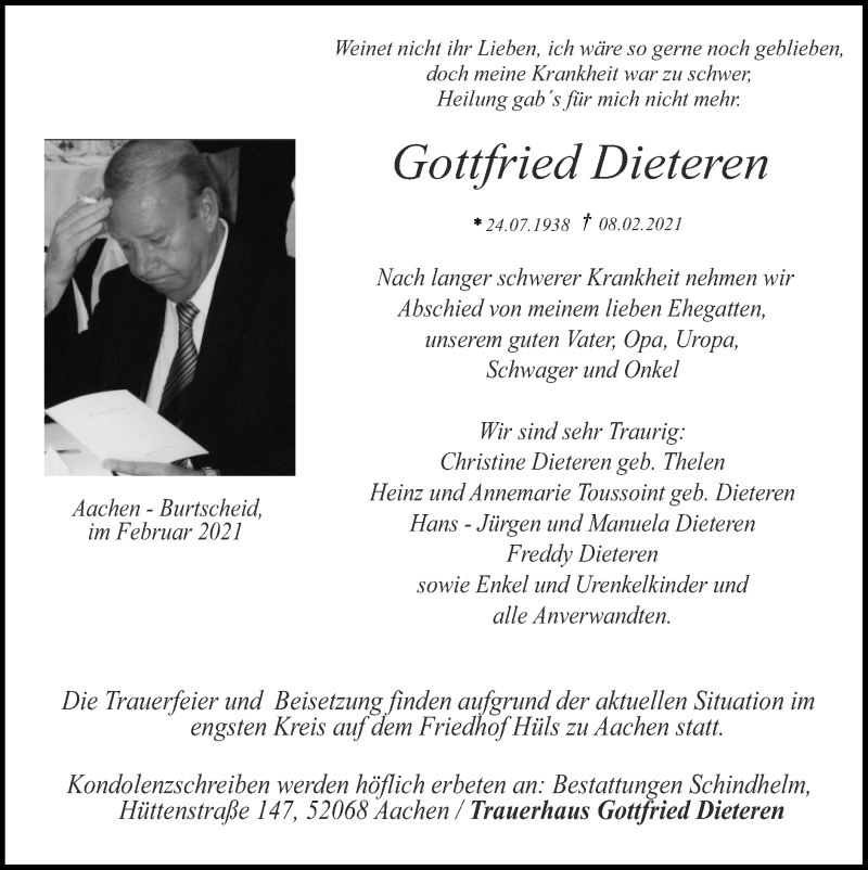  Traueranzeige für Gottfried Dieteren vom 21.02.2021 aus Zeitung am Sonntag