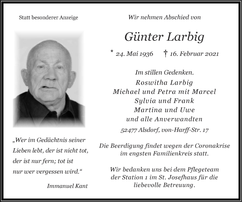  Traueranzeige für Günter Larbig vom 28.02.2021 aus Zeitung am Sonntag