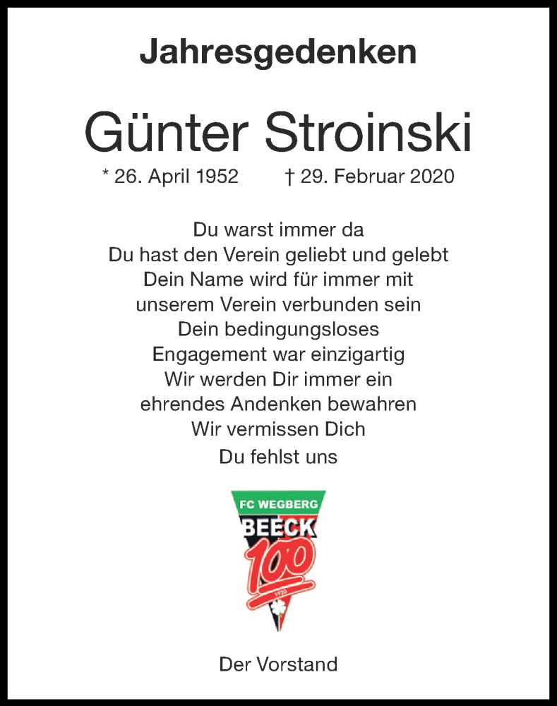  Traueranzeige für Günter Stroinski vom 28.02.2021 aus Zeitung am Sonntag