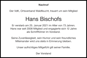 Traueranzeige von Hans Bischofs von Zeitung am Sonntag