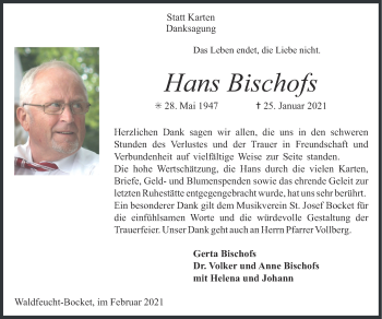 Traueranzeige von Hans Bischofs von Zeitung am Sonntag