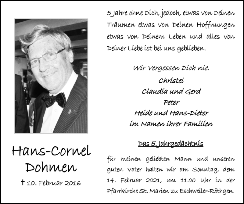  Traueranzeige für Hans-Cornel Dohmen vom 07.02.2021 aus Zeitung am Sonntag