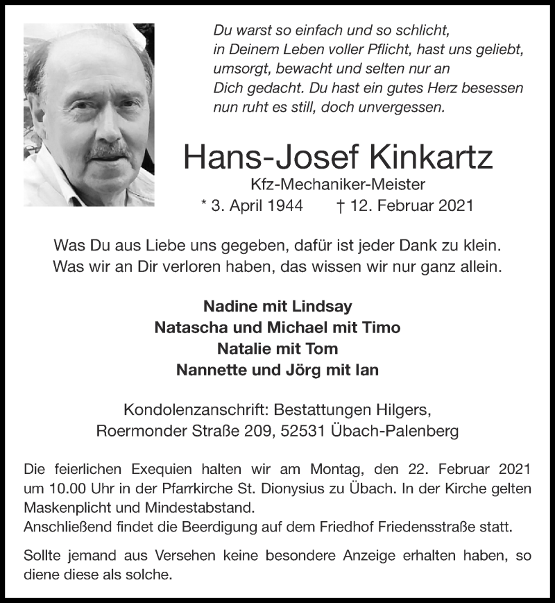  Traueranzeige für Hans-Josef Kinkartz vom 21.02.2021 aus Zeitung am Sonntag