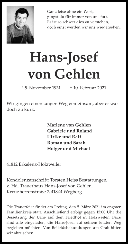  Traueranzeige für Hans-Josef von Gehlen vom 28.02.2021 aus Zeitung am Sonntag