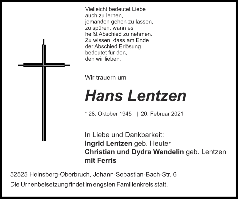  Traueranzeige für Hans Lentzen vom 28.02.2021 aus Zeitung am Sonntag