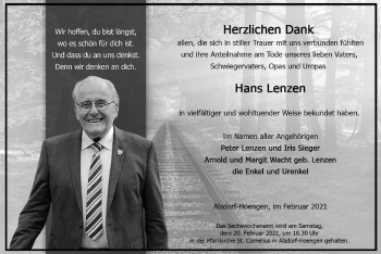 Traueranzeige von Hans Lenzen von Zeitung am Sonntag