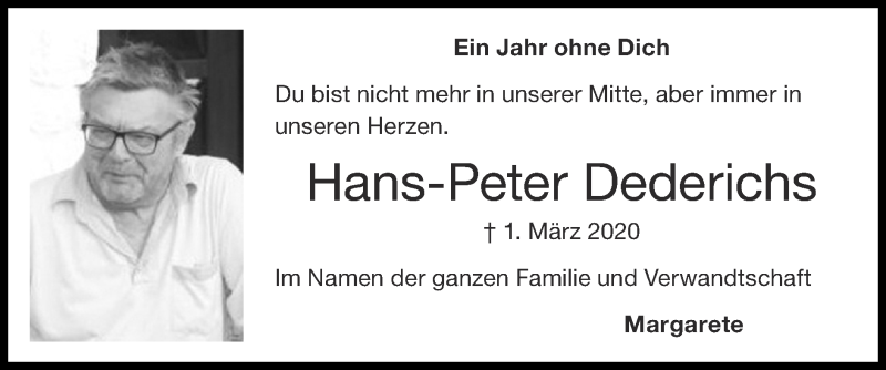  Traueranzeige für Hans-Peter Dederichs vom 28.02.2021 aus Zeitung am Sonntag