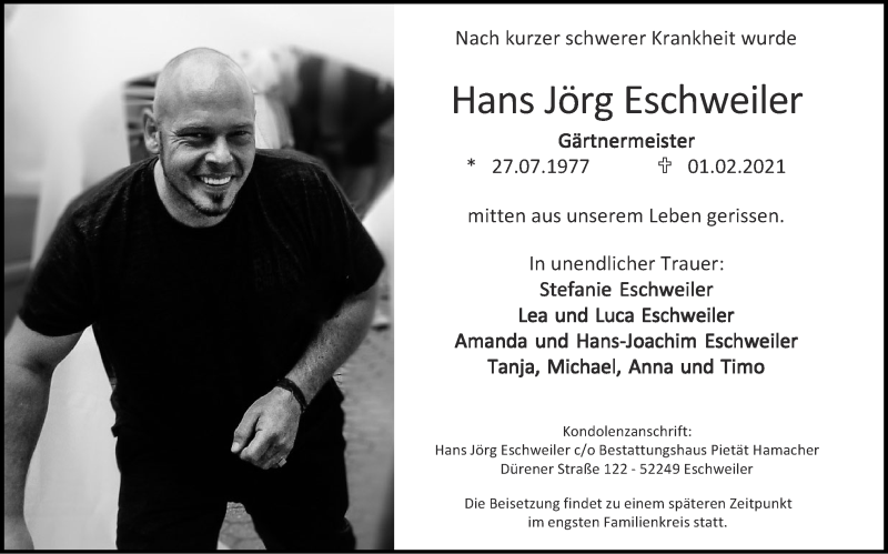  Traueranzeige für Hans Jörg Eschweiler vom 07.02.2021 aus Zeitung am Sonntag