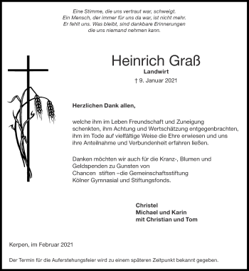 Traueranzeige von Heinrich Graß von Aachener Zeitung / Aachener Nachrichten