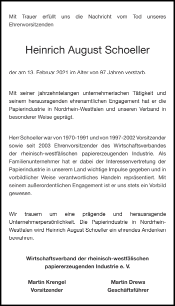 Traueranzeige von Heinrich August Schoeller von Aachener Zeitung / Aachener Nachrichten