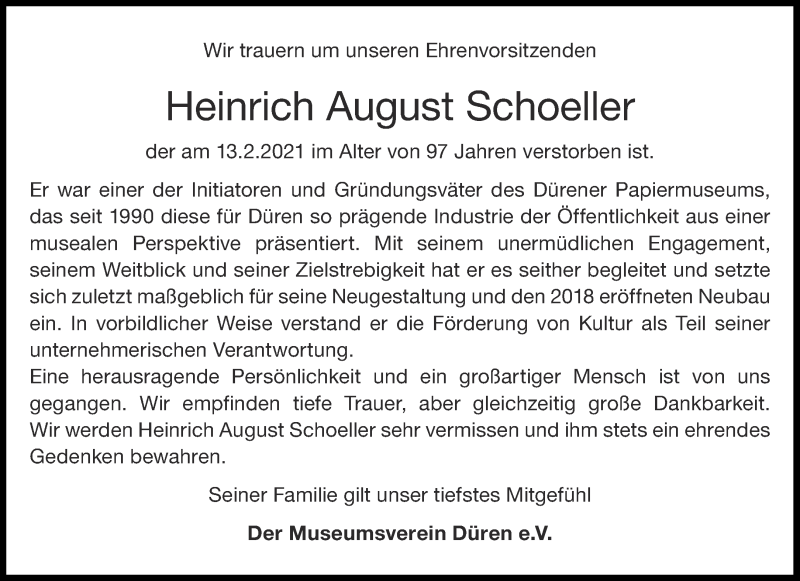  Traueranzeige für Heinrich August Schoeller vom 20.02.2021 aus Aachener Zeitung / Aachener Nachrichten