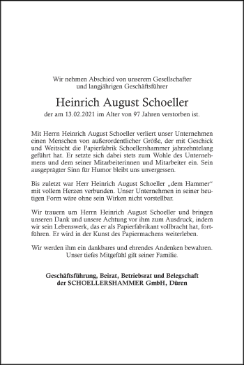 Traueranzeige von Heinrich August Schoeller von Zeitung am Sonntag