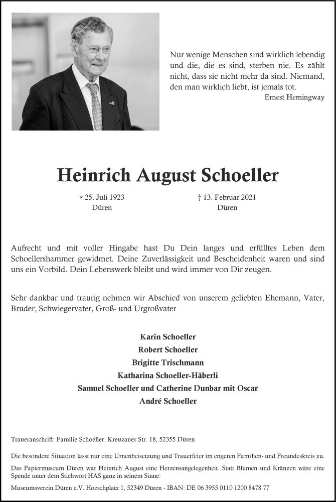  Traueranzeige für Heinrich August Schoeller vom 20.02.2021 aus Aachener Zeitung / Aachener Nachrichten