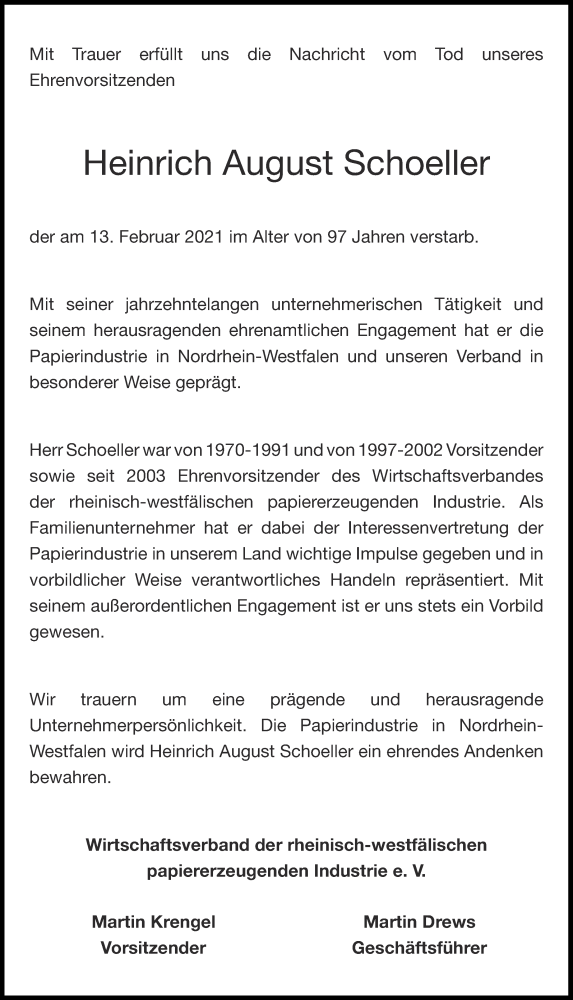  Traueranzeige für Heinrich August Schoeller vom 20.02.2021 aus Aachener Zeitung / Aachener Nachrichten