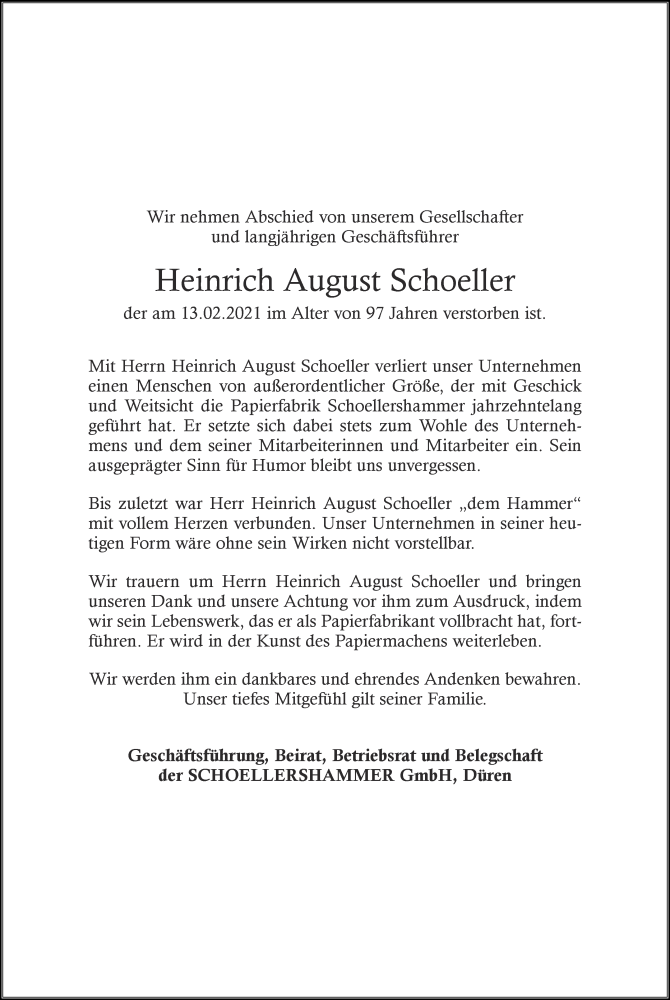  Traueranzeige für Heinrich August Schoeller vom 20.02.2021 aus Aachener Zeitung / Aachener Nachrichten