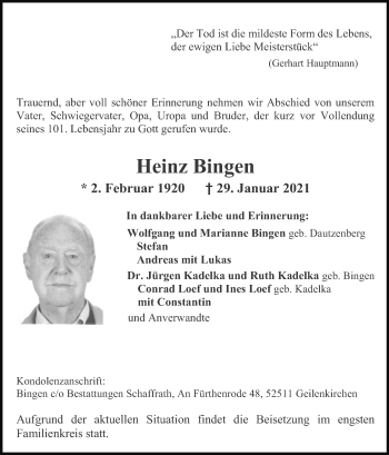 Traueranzeige von Heinz Bingen von Zeitung am Sonntag