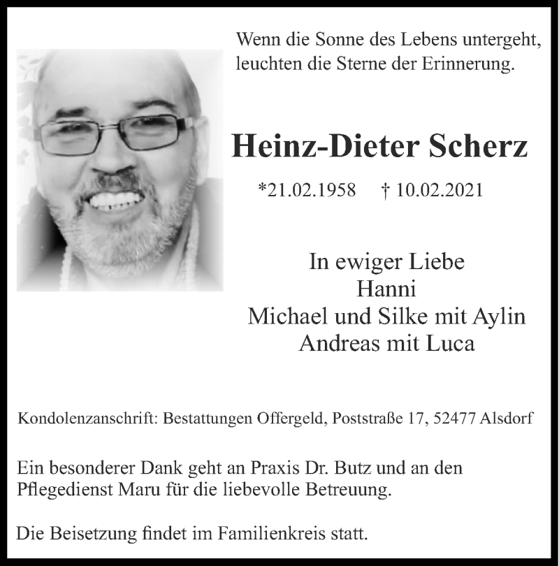  Traueranzeige für Heinz-Dieter Scherz vom 28.02.2021 aus Zeitung am Sonntag