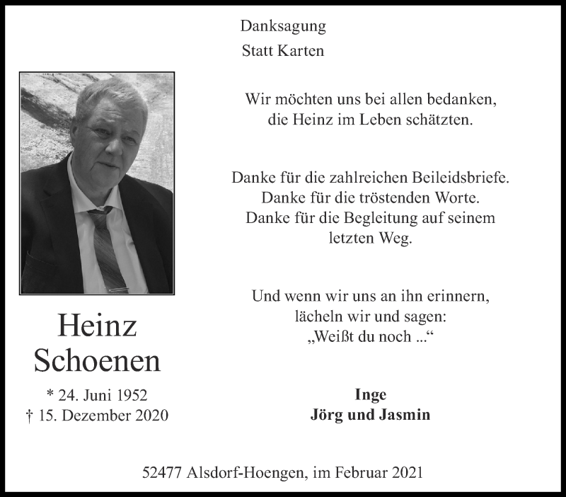  Traueranzeige für Heinz Schoenen vom 07.02.2021 aus Zeitung am Sonntag