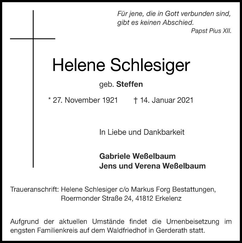  Traueranzeige für Helene Schlesiger vom 14.02.2021 aus Zeitung am Sonntag