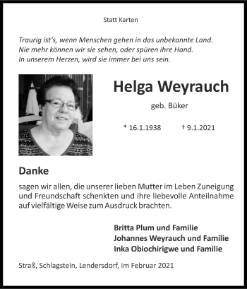 Traueranzeige von Helga Weyrauch von Zeitung am Sonntag
