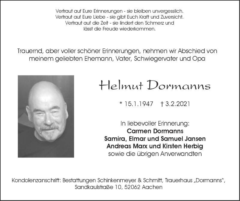  Traueranzeige für Helmut Dormanns vom 14.02.2021 aus Zeitung am Sonntag