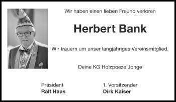 Traueranzeige von Herbert Bank von Zeitung am Sonntag