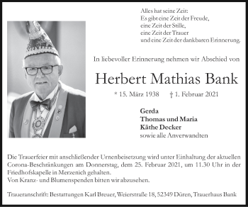 Traueranzeige von Herbert Mathias Bank von Zeitung am Sonntag