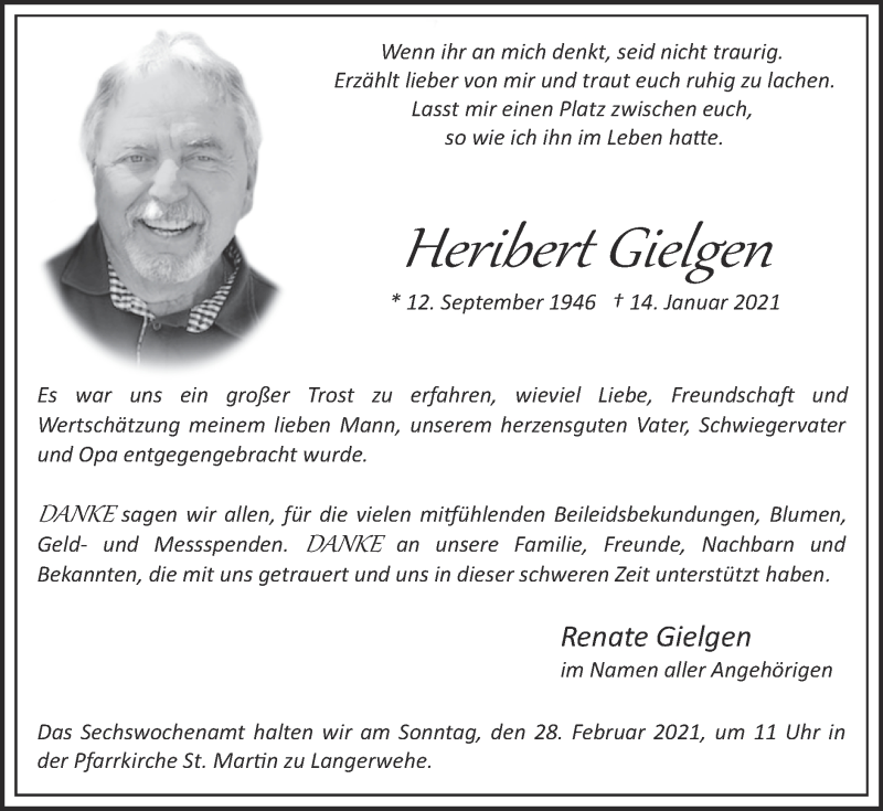  Traueranzeige für Heribert Gielgen vom 21.02.2021 aus Zeitung am Sonntag