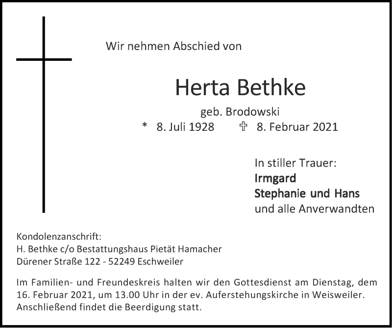  Traueranzeige für Herta Bethke vom 14.02.2021 aus Zeitung am Sonntag