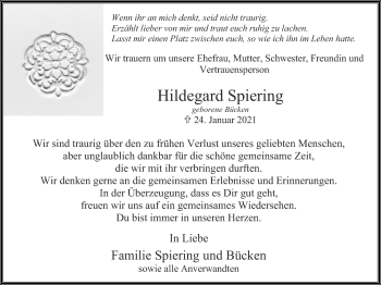 Traueranzeige von Hildegard Spiering von Zeitung am Sonntag