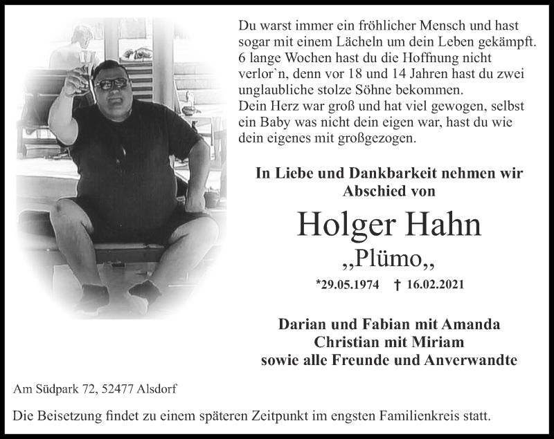  Traueranzeige für Holger Hahn vom 28.02.2021 aus Zeitung am Sonntag