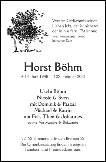 Traueranzeige von Horst Böhm von Zeitung am Sonntag