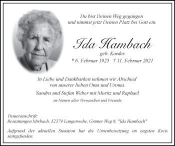 Traueranzeige von Ida Hambach von Zeitung am Sonntag