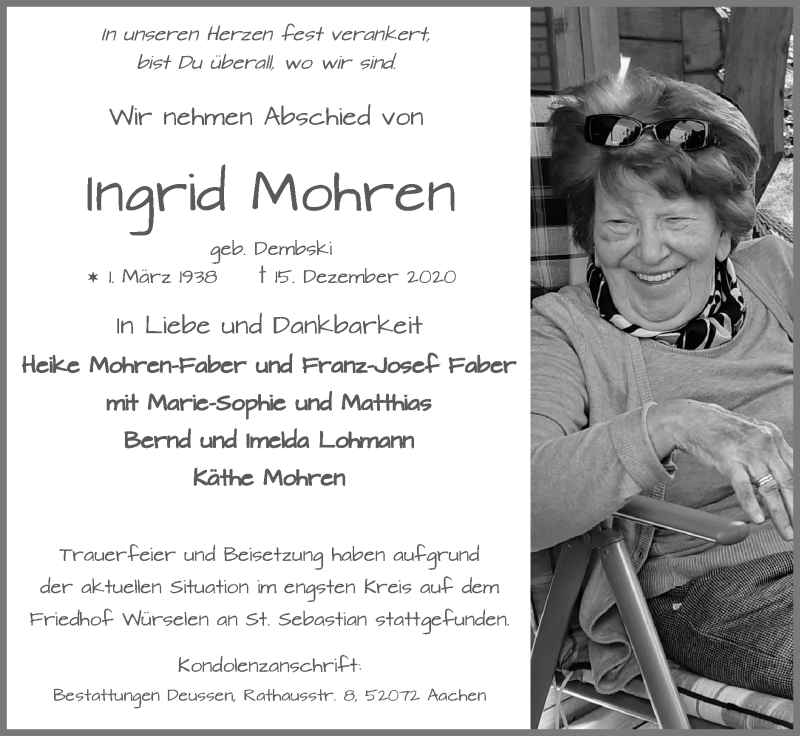  Traueranzeige für Ingrid Mohren vom 07.02.2021 aus Zeitung am Sonntag