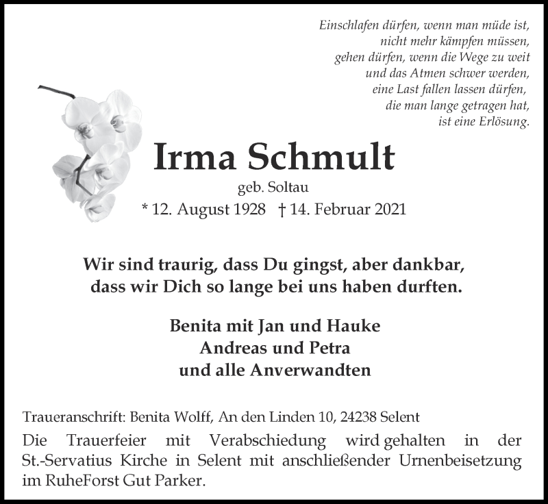  Traueranzeige für Irma Schmult vom 28.02.2021 aus Zeitung am Sonntag