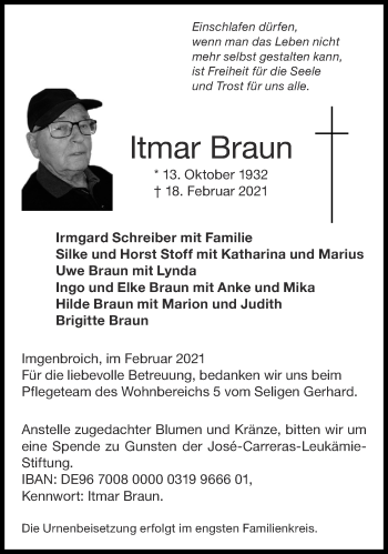 Traueranzeige von Itmar Braun von Aachener Zeitung / Aachener Nachrichten