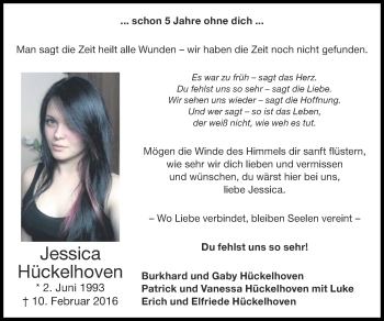 Traueranzeige von Jessica Hückelhoven von Zeitung am Sonntag