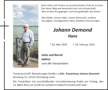 Traueranzeige von Johann Demond von Zeitung am Sonntag